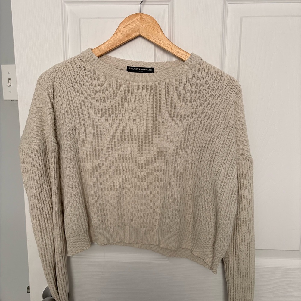 Brandy Melville Beige Ribbed Crew Neck Top